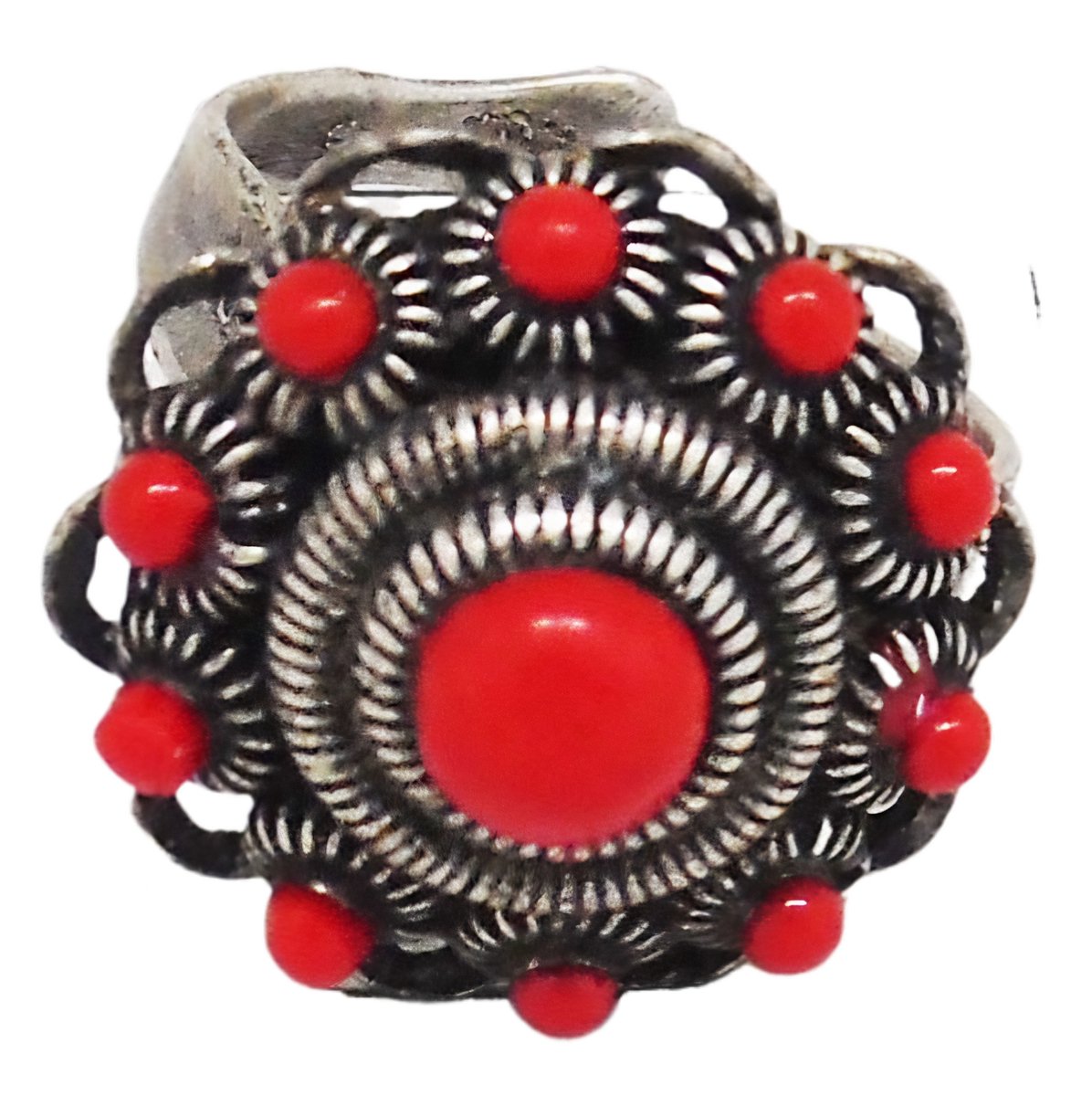 Zeeuws Meisje - Zeeuwse knop ring bolletjesrand en rode emaille doorsnede ong. 2 cm, verstelbaar, een maat