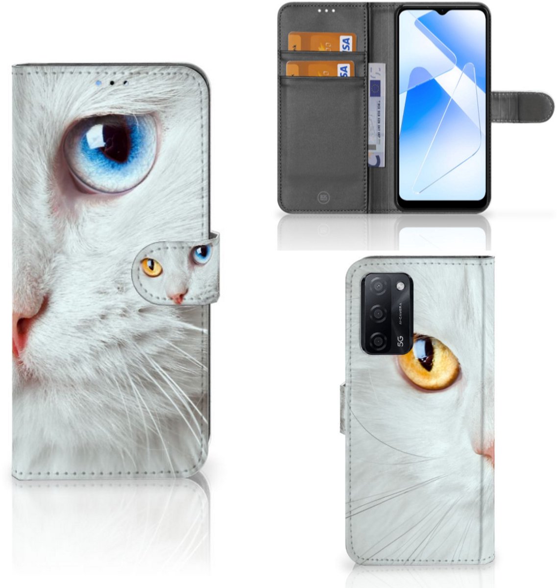 OPPO A16/A16s/A54s Telefoonhoesje met Pasjes Witte Kat