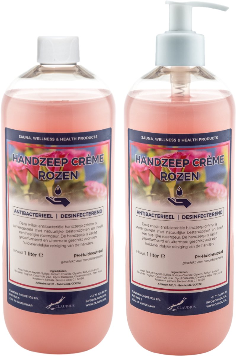 Handzeep Crème Rozen 1 liter - set van 2 stuks - met gratis pomp - Voordeelverpakking