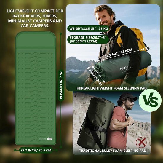HiiPeak Memory Slaapmat, 6,5 cm compacte schuimslaapmatten met kussen, 9,5 R-waarde geïsoleerd campingmatraskussen, gemakkelijk opblazen en laten leeglopen, opblaasbare slaapmat voor backpacken van HiiPeak — afbeelding 4