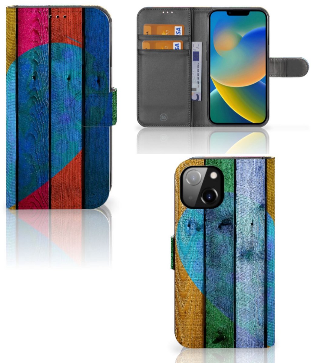 Apple iPhone 14 Book Style Case Wood Heart - Cadeau voor je Vriend