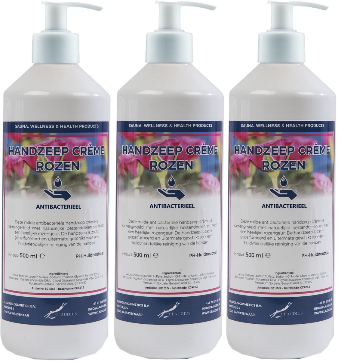 Handzeep Crème Rozen 500 ml - set van 3 stuks - met gratis pomp - Voordeelverpakking