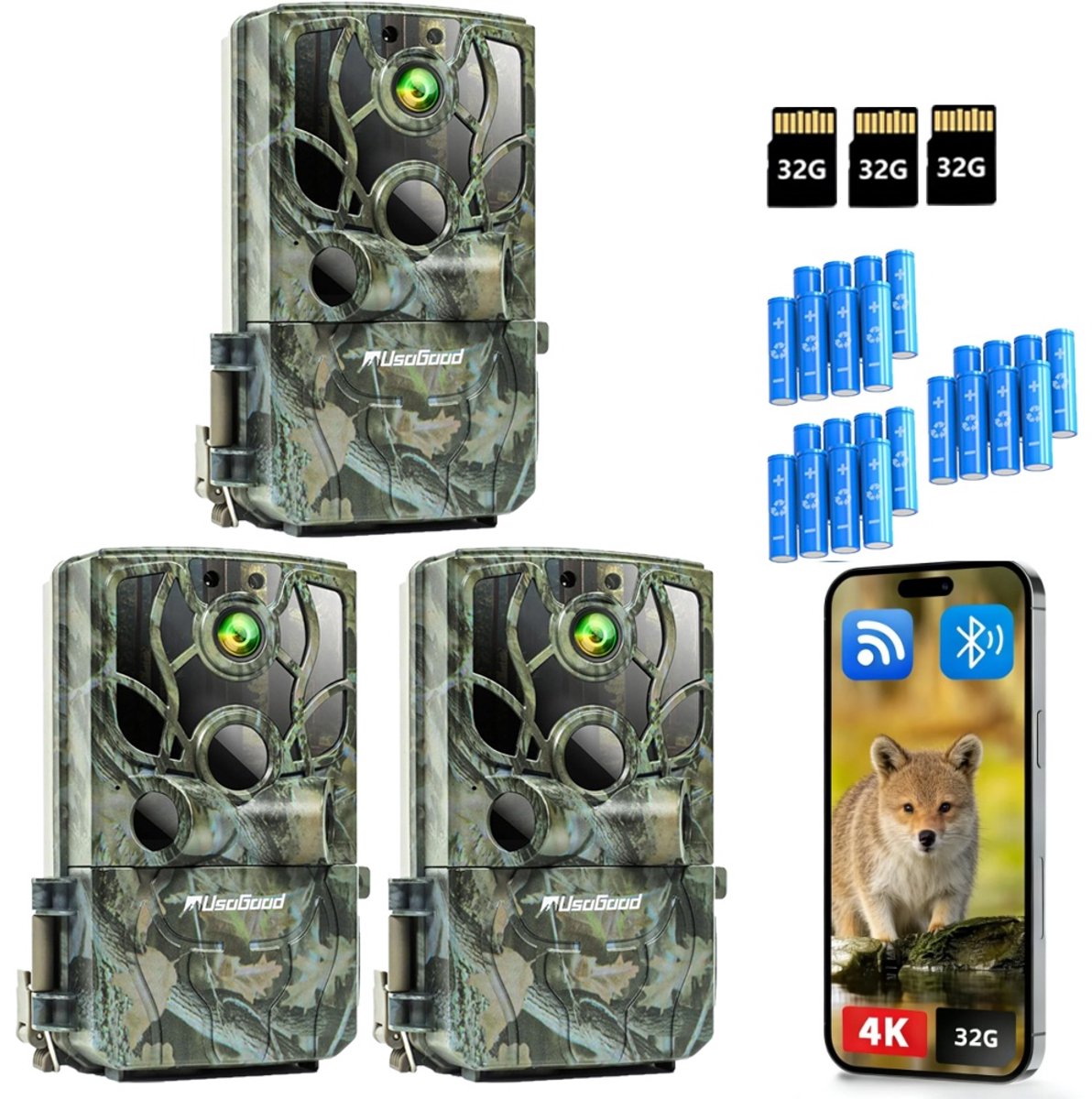 Usogood WildCamera - 4K Ultra HD & 48MP - Waterdicht - Buiten Camera met Nachtzicht en Wifi - Wildlife camera's - Nachtcamera met App – Incl. 8 batterijen, 32GB geheugenkaart – 3Stuks