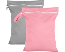 Waterdichte, opvouwbare reiswaszak 40 x 30 cm – set van 2 met rits en handvat, Geschikt voor natte kleding, zwemkleding, babyluiers, sport, strand, bagage en kinderen (grijs + roze)