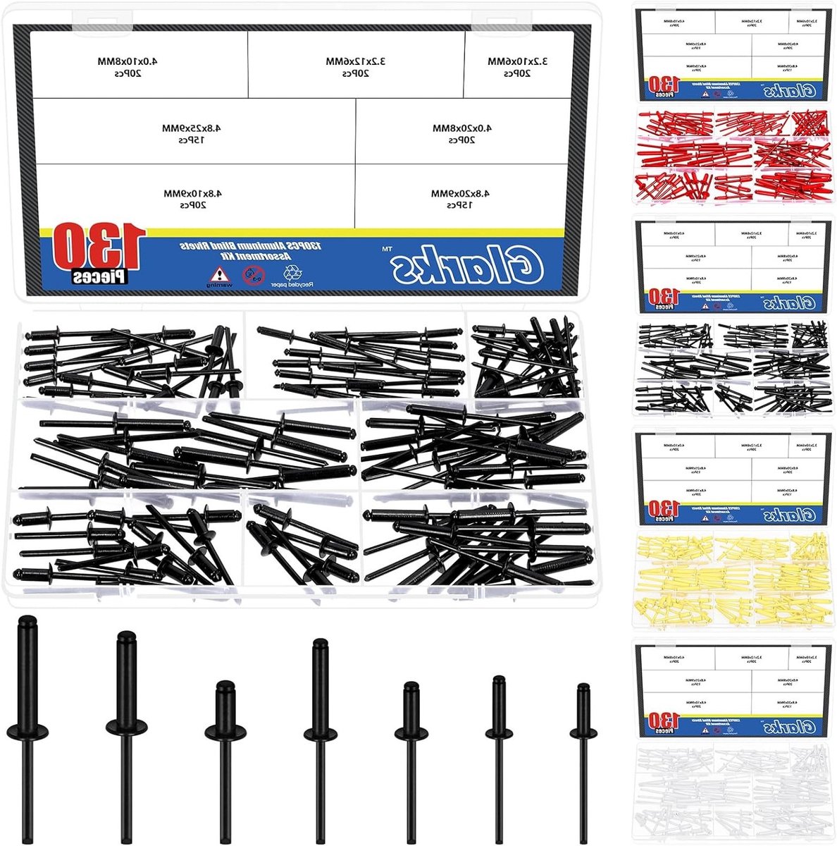 130 Stuks Aluminium Blind Staples in 7 Maten - Pop Staples Assortiment Kit met Grote Flens voor Diverse Toepassingen