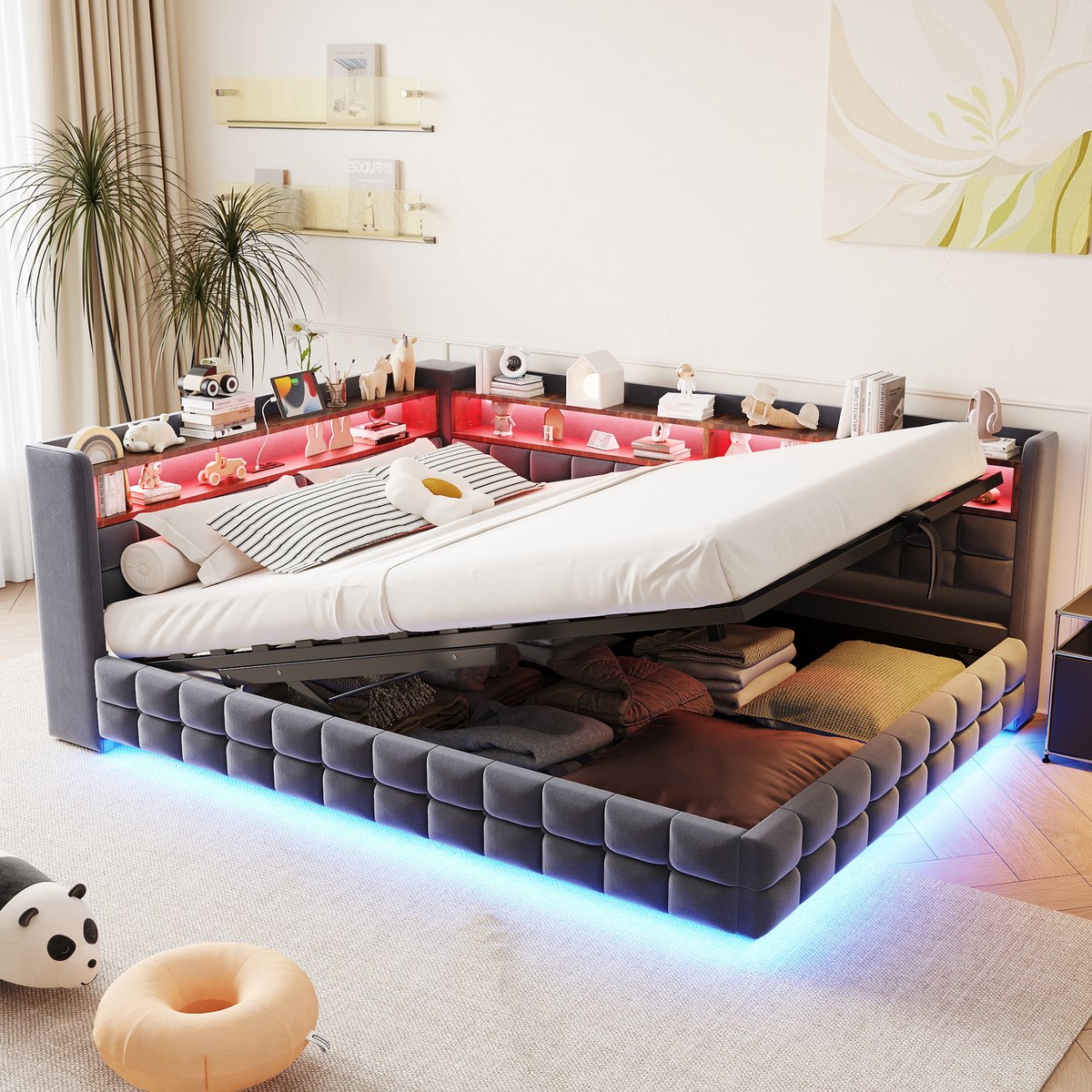 Slaapbank 140x200 cm - met opbergruimte - boekenplank - LED-lamp - stopcontact - USB- en Type-C-oplaadpoort - donkergrijs - zonder matras