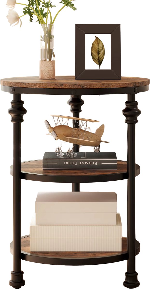 Happiq Ronde Bijzettafel 3-Laags - Industrieel Hout & Metaal - Met Opbergplank - Voor Woonkamer Rustic Brown