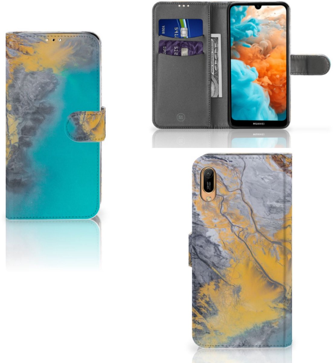 Huawei Y6 (2019) Bookcase Marble Blue Gold