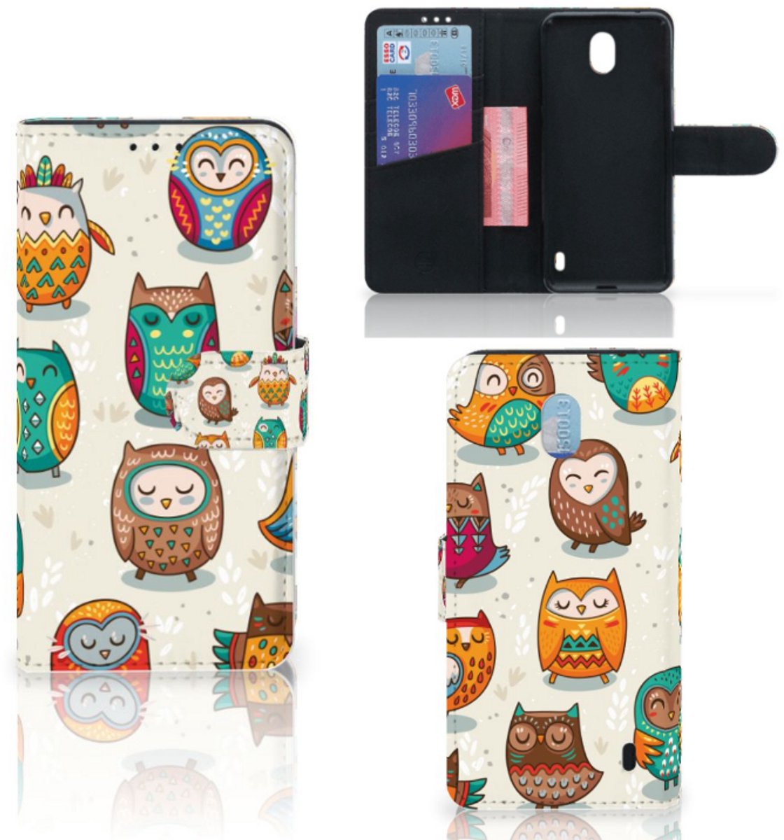 Book Case voor Nokia 1 Plus Telefoonhoesje met Pasjes Vrolijke Uilen