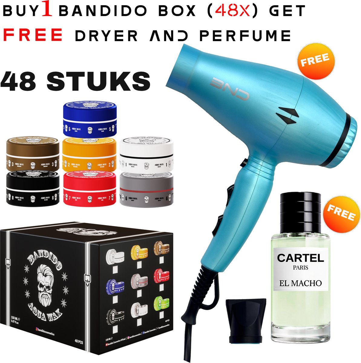 Bol.com Bandido Aqua Hair Wax 48 Stuks Mix -150ml + 2 Artikel Free 1x BND (Professionele Haardroger + 1X Cartel Parfum 50ml aanbieding