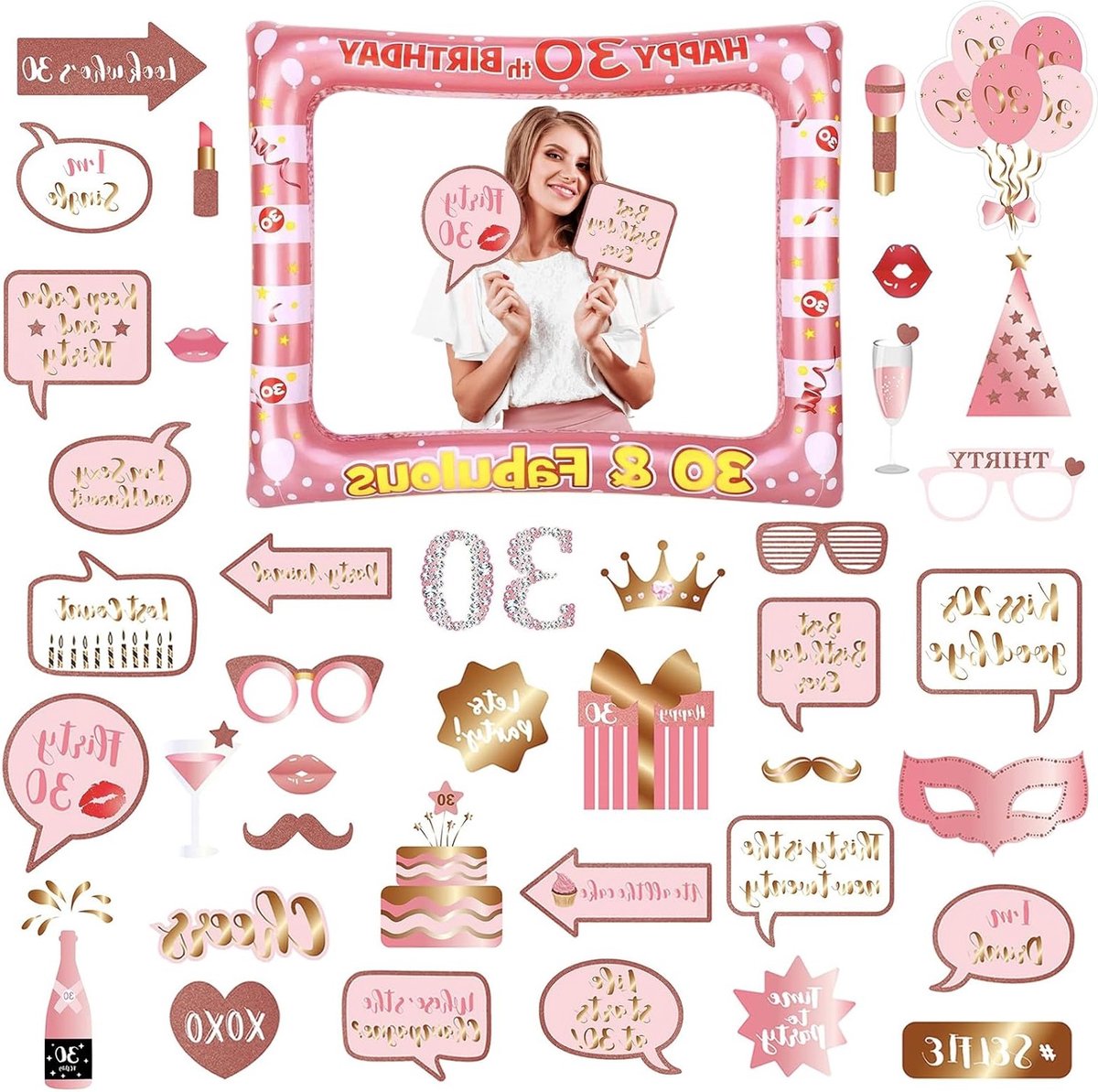 30e Verjaardagsdecoratie voor Jongens en Meisjes, Opblaasbaar Fotokader en 40 Foto Props voor Feestelijke Foto Booth Accessoires en Cadeaus voor een Onvergetelijke Verjaardag