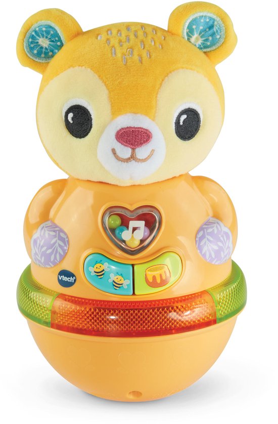 Gele VTech Wiebel & Leer Tuimelbeer met zachte oren, oranje buik, hartje met muzieknoot, en bijtjes.
