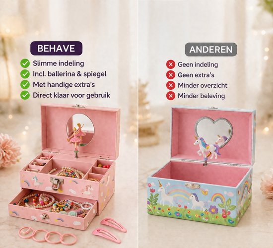 Roze sieradendoos met ballerina en spiegel, heeft slimme indeling met extra's.