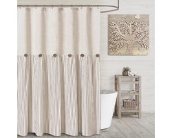 Awellife Boerderij beige douchegordijn knoop linnen getextureerde geweven stof, geplooide beige streep, landelijke stijl, 182 x 182 cm