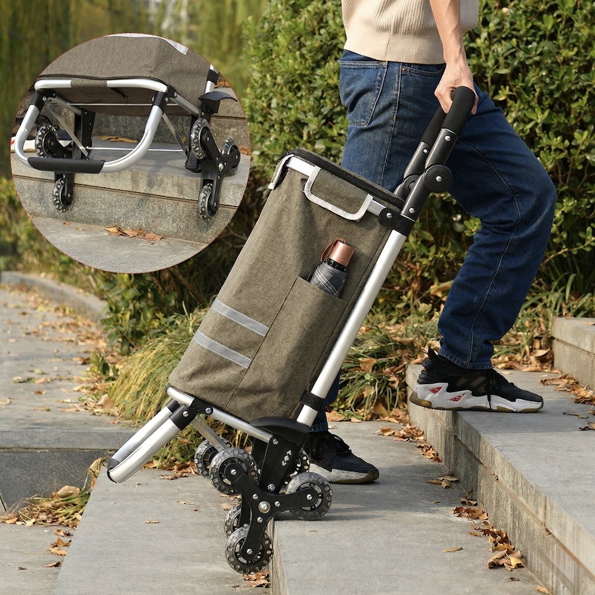 Opvouwbare Boodschappentrolley 40L – 3 Wielen met Traploper – Afneembare Tas – Stevig & Waterafstotend – Draagkracht tot 30 kg– Olijfgroen