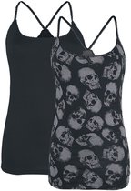 Dubbelpak: een zwart top en een zwart top met all-over print van grijze schedels, kanten randjes en gekruiste bandjes.