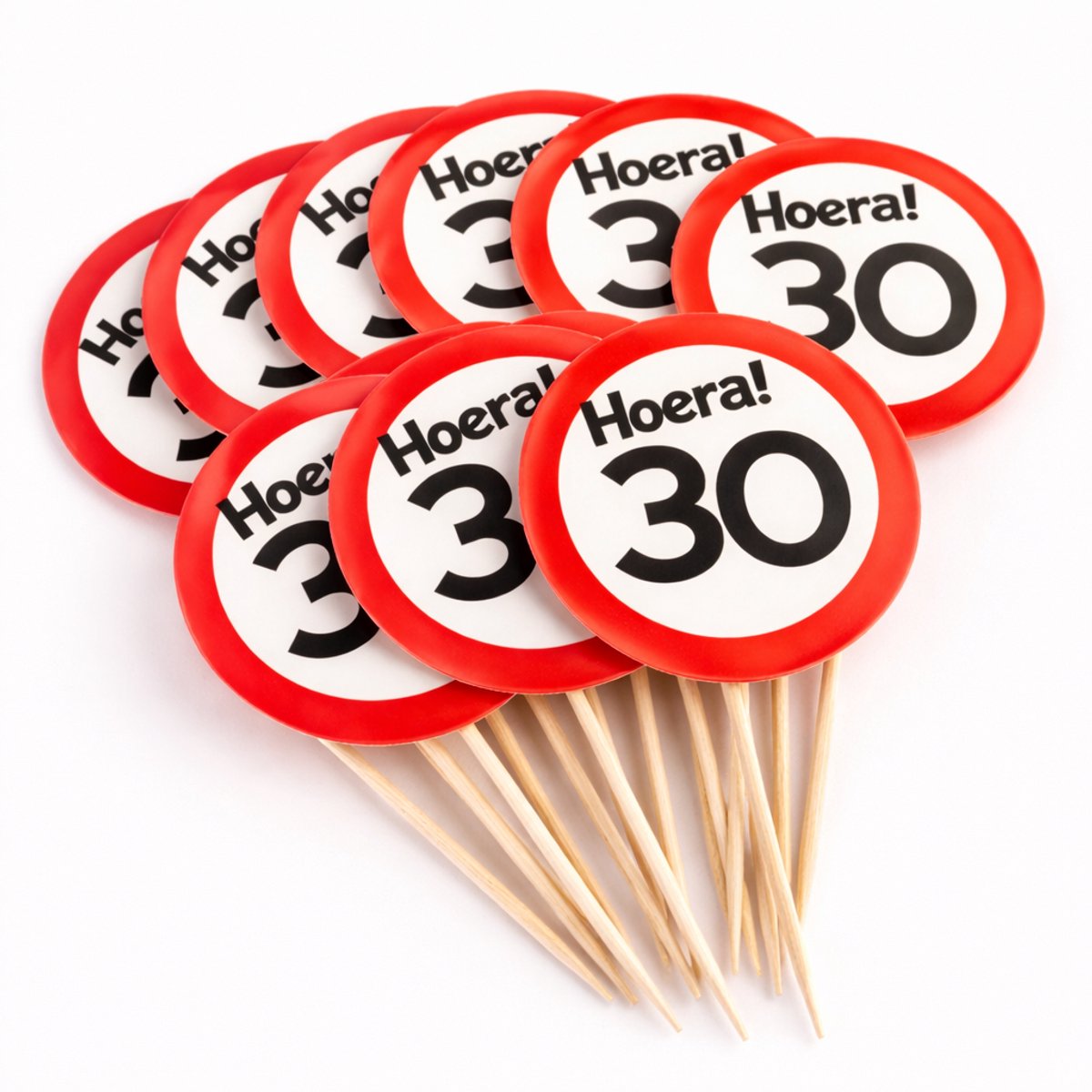 Party Picks 30 Jaar – 12 Stuks – Cupcake Toppers – Verjaardag Decoratie – Hoera 30 – Rood/Wit