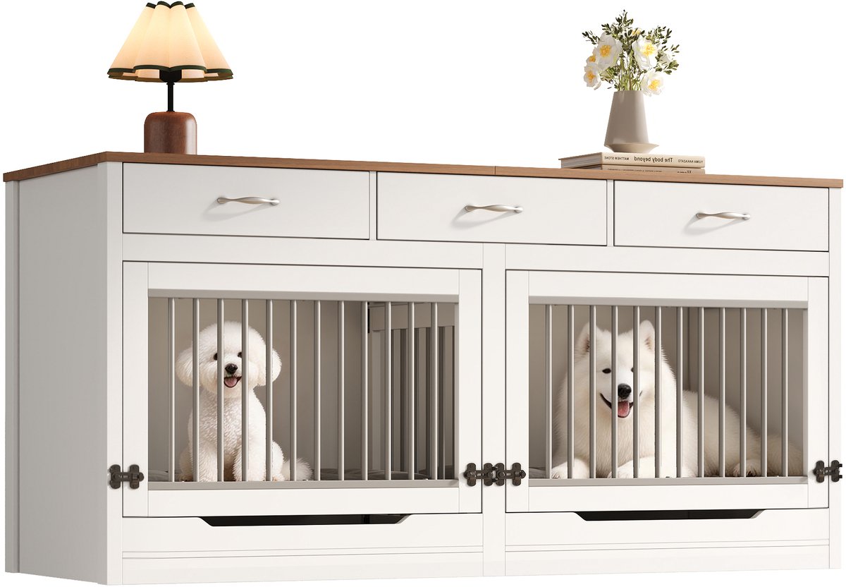 Hondenbench meubel voor 2 honden met 3 lades, uitneembare scheidingswand, opklapbaar blad, wit/houtlook 164x60x81 cm