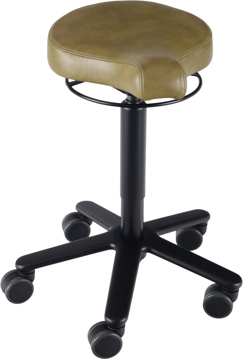 Biker zadelkruk leer Olive- zwarte gaslift en kruispoot - leder bekleding – kleur Olive