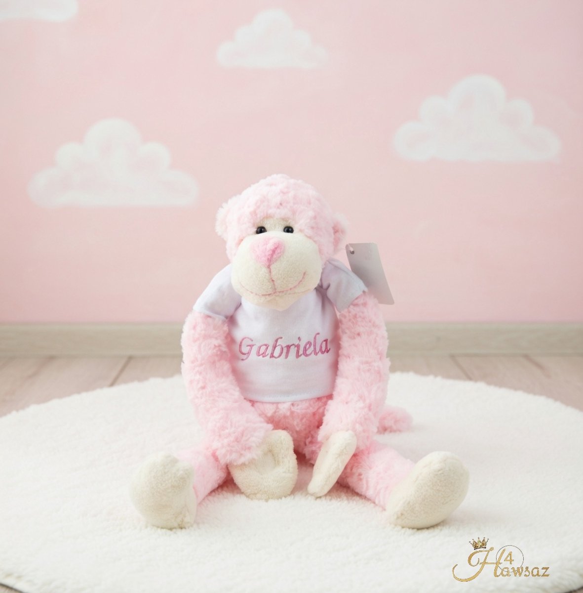 Slingeraapje met naam geborduurd - Hawsaz.nl cadeau - Baby knuffel met naam roze- Geboorte cadeau - Cadeau voor jongens en meisjes - Verjaardag cadeau - Baby en peuter cadeau - Kraamcadeau - Gepersonaliseerde cadeau - Fluffy knuffel -Kado met naam
