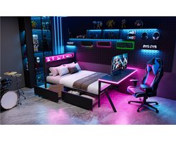 Gaming Bed 140x200 met LED Bureau - Metalen Platformbed met 2 Laden - Zwart