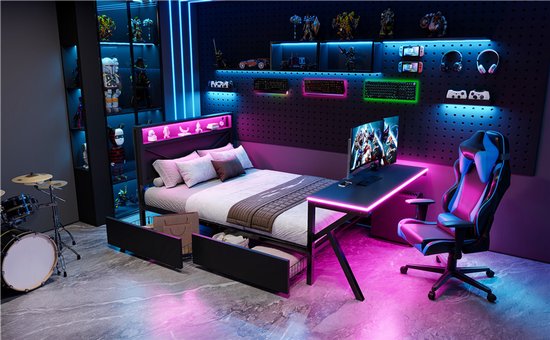 Lit plateforme - Avec tête de lit LED et bureau LED - Lit de jeu en métal 140x200 cm - Noir - 2 tiroirs et pieds renforcés