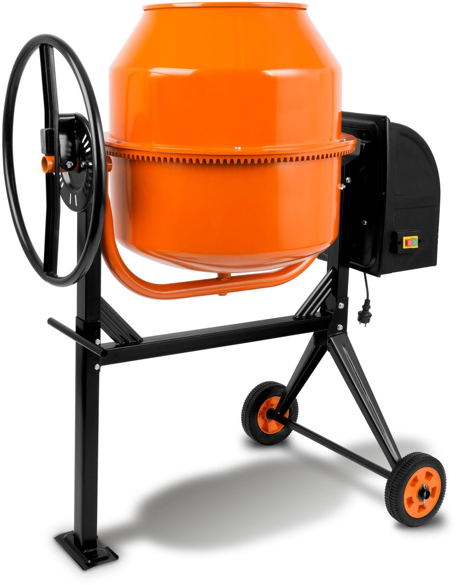 EBERTH 140L elektrische mobiele betonmolen, 550 W motor, frame, trommel en tandkrans van staal, vergrendelbaar handwiel, brede voetplaat, professionele cementmolen, zwenkbare trommel, eenvoudige bediening