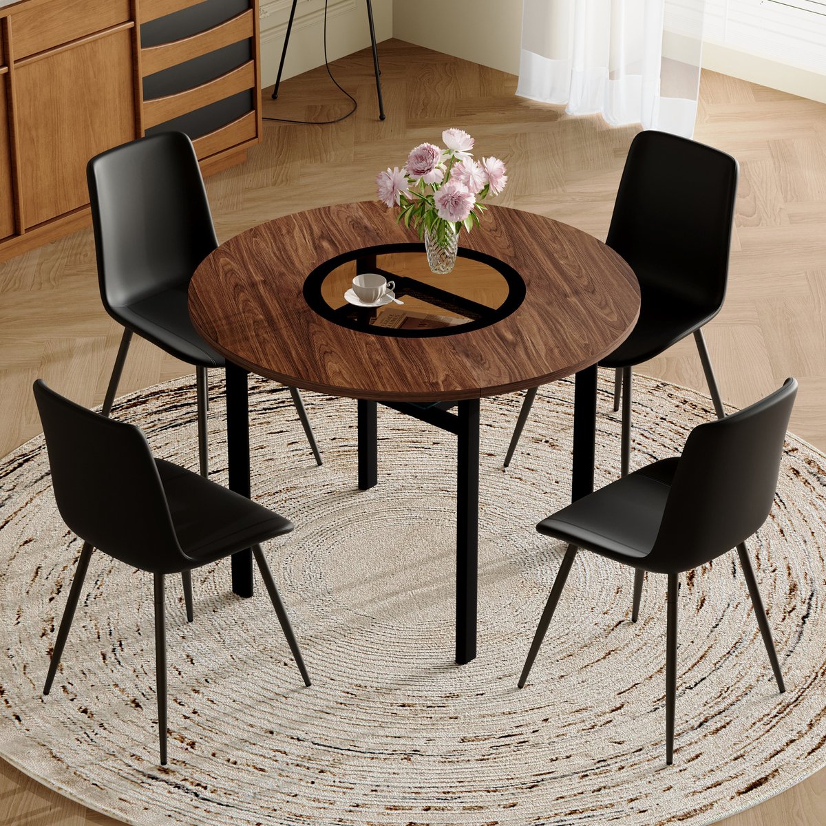OKWISH Eethoek 100 Cm – Ronde Eettafel Met 4 Eetkamerstoelen En Glazen Opbergplateau – MDF, Glas, Metaal En PU – Bruin Zwart