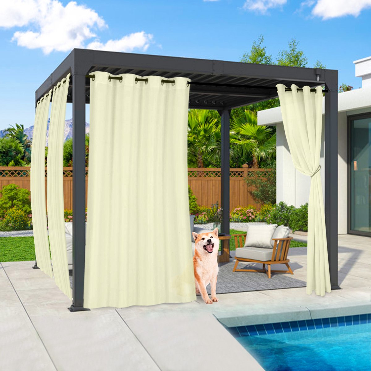 Qelus Vitrage Buitengordijn Waterdicht met Ringen & Lussen - Winddicht Outdoor Gordijn UV-Bescherming - Subtiele Privacy - 132x213cm - Crème - 1 Stuk Crème - 1Stuk