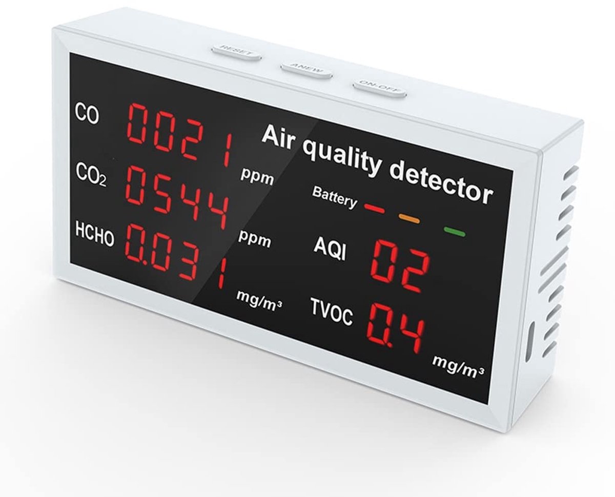 5-in-1 LED-display – Luchtkwaliteitsmeter voor CO, CO₂, HCHO, TVOC en AQI – Multifunctionele luchtkwaliteitsmeter voor binnen en buiten