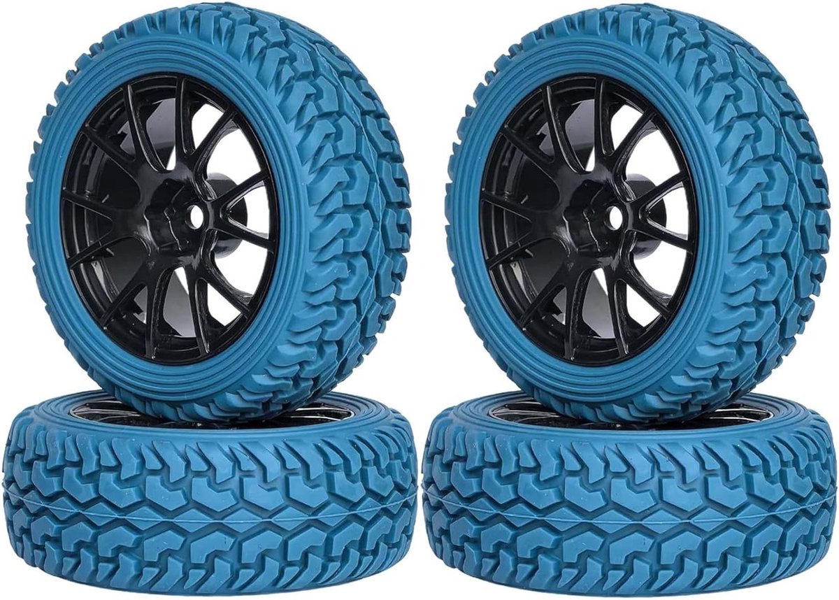 KINGCOO RC Autobanden en wielenset, 4 stuks, 75 mm, rubberen banden en kunststof wielen, velgen, 12 mm, Hex voor 1/10 RC op de weg, auto-reserveonderdelen, 1/16 RC Rallyauto voor HSP HPI Tamiya Kyosho