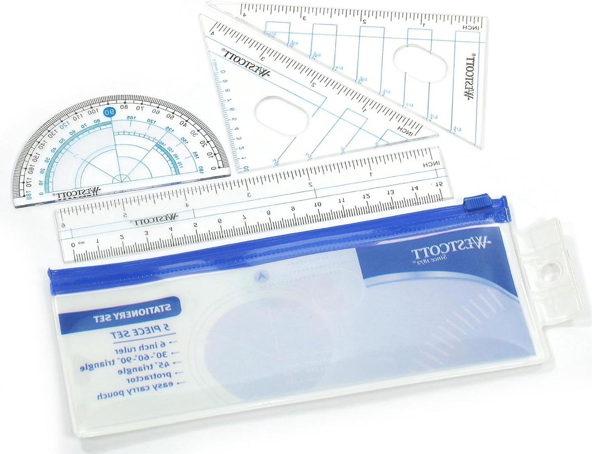 Wiskunde Gereedschapsset - Meetset School - Tekenen Geometrie - Vijf Delig - 18.5 cm - Blauw Grijs