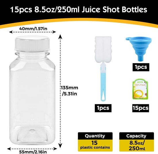 Cosensi - 15 Pcs Juice Bottles - Herbruikbare Plastic Flessen - Met Lids en Accessoires - 250ml - Voor Dranken en Sappen - Ideaal voor Mini Fridge — afbeelding 4