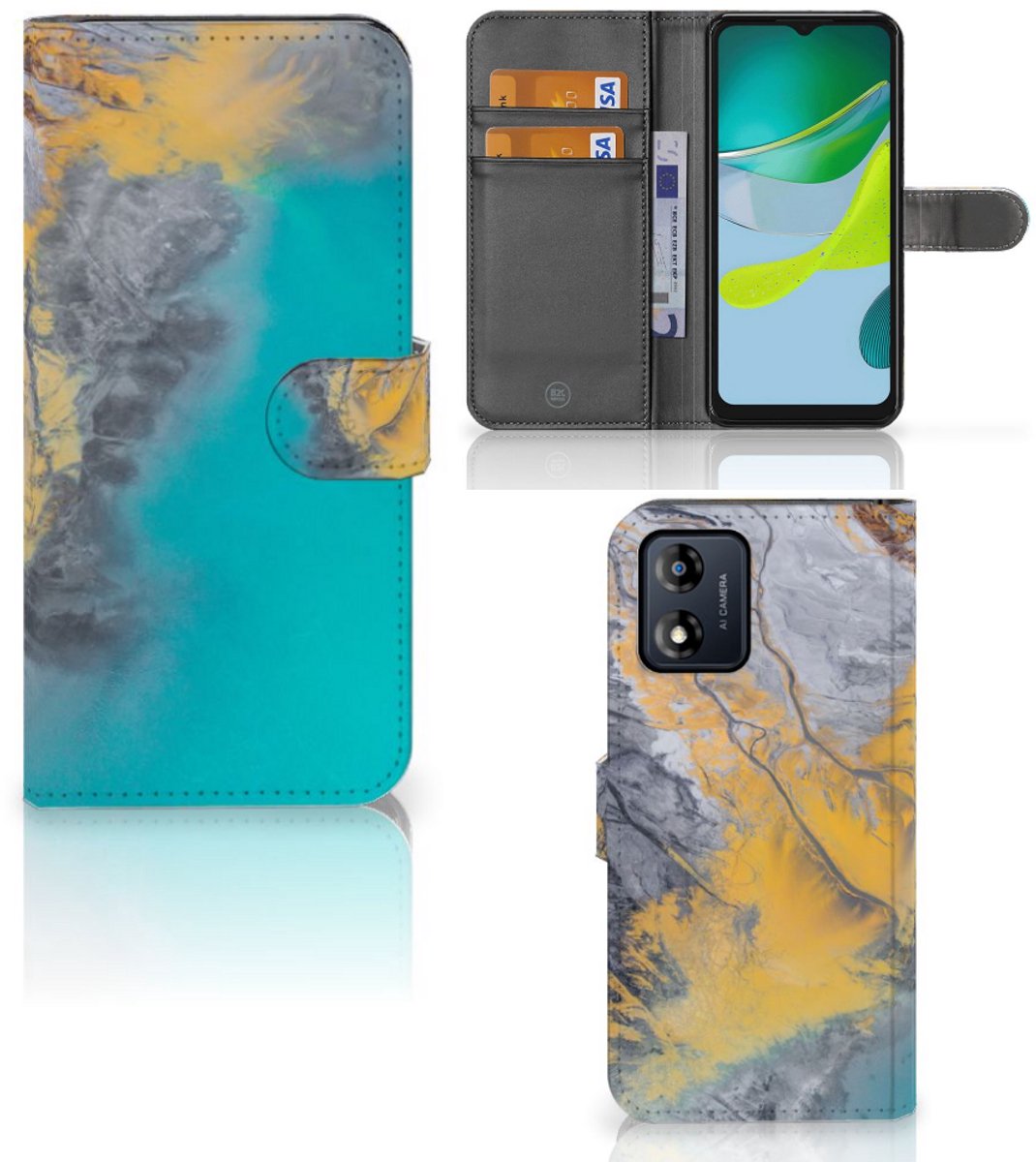 Motorola Moto E13 4G Bookcase Marble Blue Gold