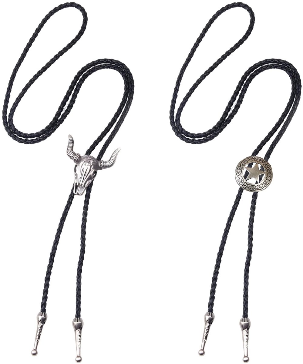 Cosensi - Heren Leren Ketting - Cowboy Tie - 2-delige Set - Zwart - Cowboy Accessoires - Stoere Stijl - Perfect voor Feestjes - Uniek Design