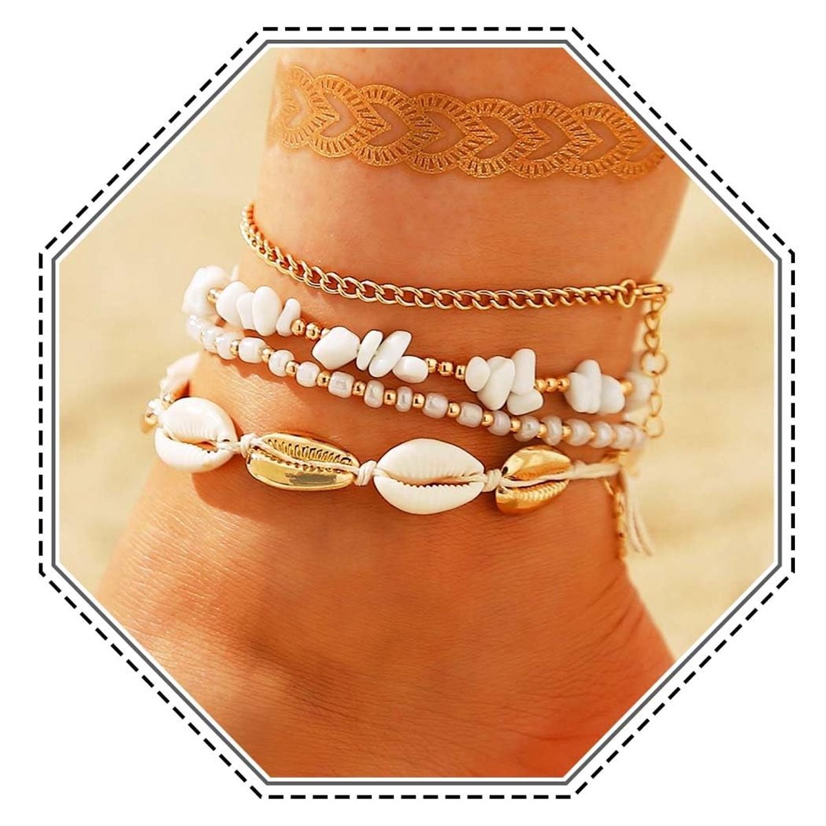 Cosensi - Boho Layered Shell Anklet - Zandkleurige Enkelbandjes - Verstelbaar en Duurzaam - Perfect voor Strand en Zomer - 4 Delige Set - Voor Vrou...