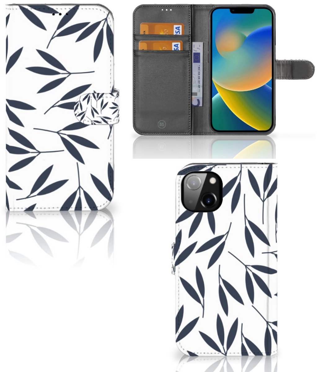 Book Case voor iPhone 14 Plus Hoesje Leaves Blue
