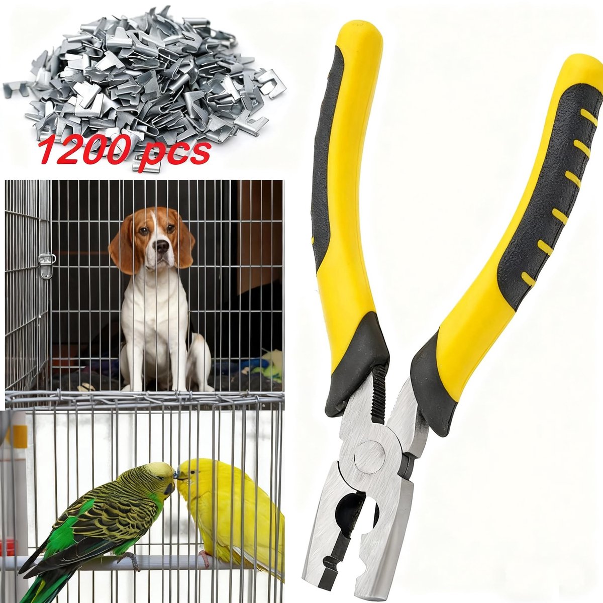 Cosensi - Draadkooi Beugels en Tang Set - 1200 Stuks Metalen Beugels - Handzaam en Duurzaam - Perfect voor Dierenkooien - Voor Honden, Katten en Kl...