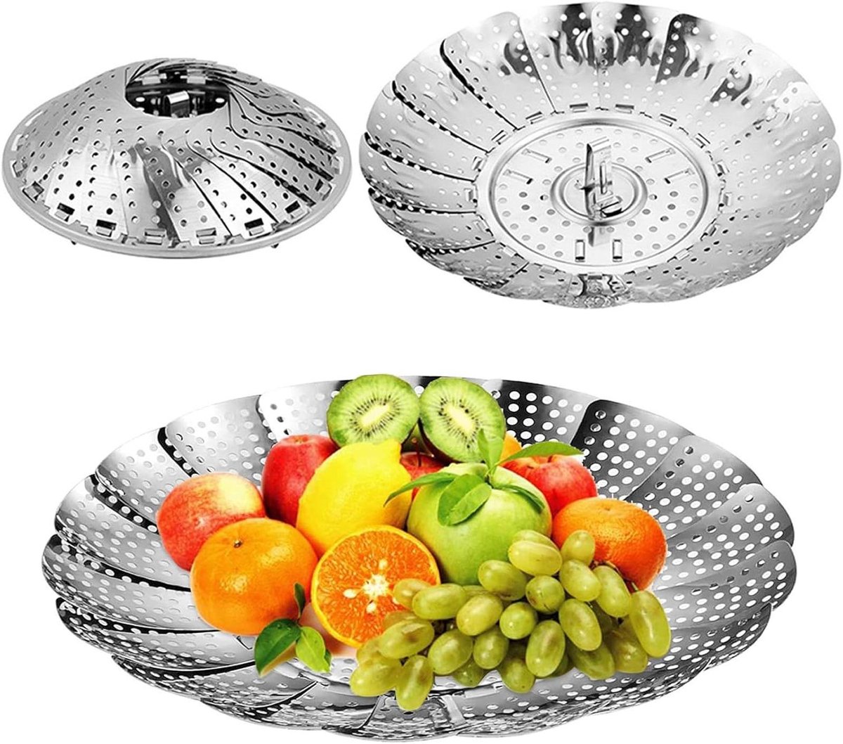 Groentestomer 2 stuks - Stoommand Lotus - Gezond Koken - Opvouwbaar Ontwerp - 23-27 cm Diameter - Zilver