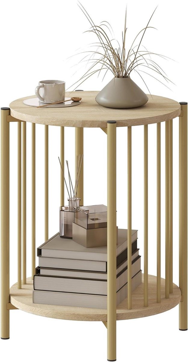 Bijzettafel Rond - Salontafel Opbergrek - Woonkamer Organiseren - Dubbel Opbergrek - 41x41x49 cm - Natuurlijk Hout Goud