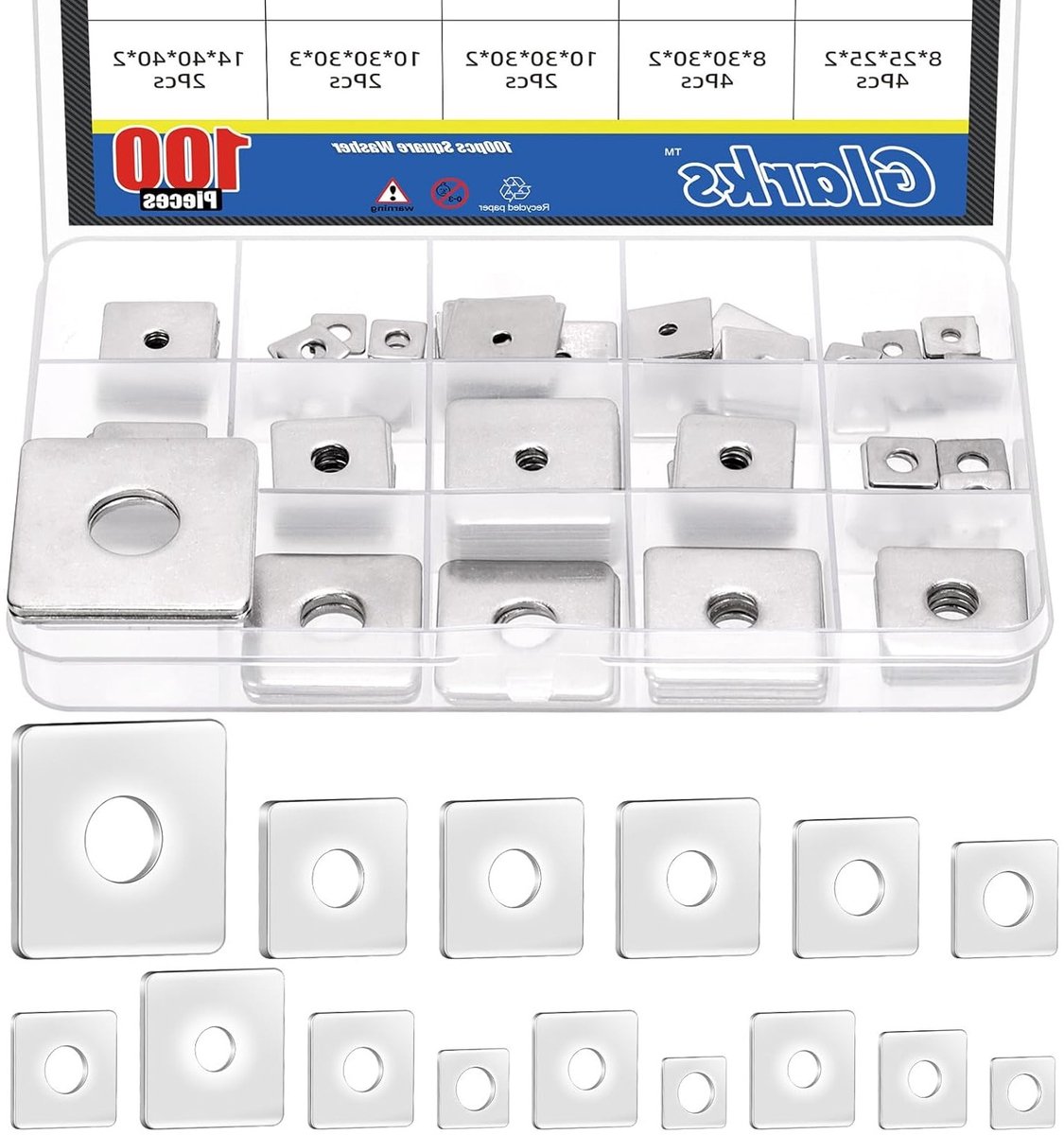 Set van 100 vierkante ringen in diverse maten M3 tot M14, roestvrij staal, voor bevestiging en montage accessoires