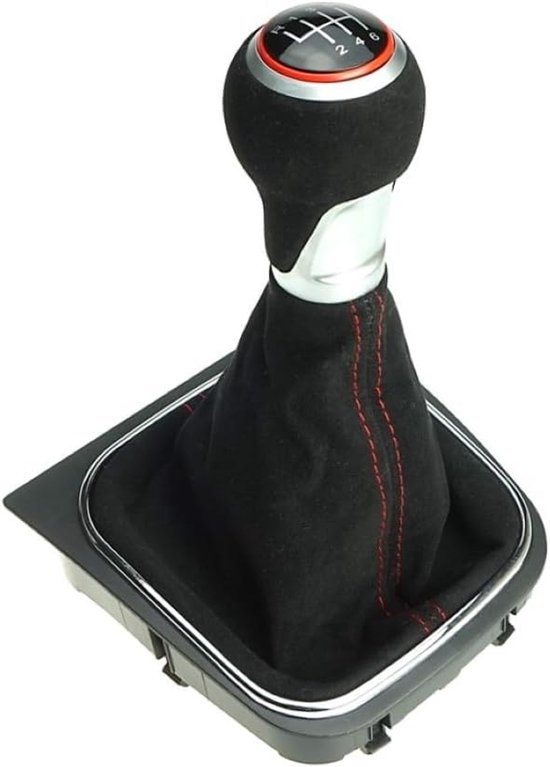 Versnellingspook Alcantara - Schakelpookknop Set - Auto Interieur Upgraden - Alcantara Met Rode Naad - 6 Versnellingen - Zwart van Merkloos — afbeelding 3