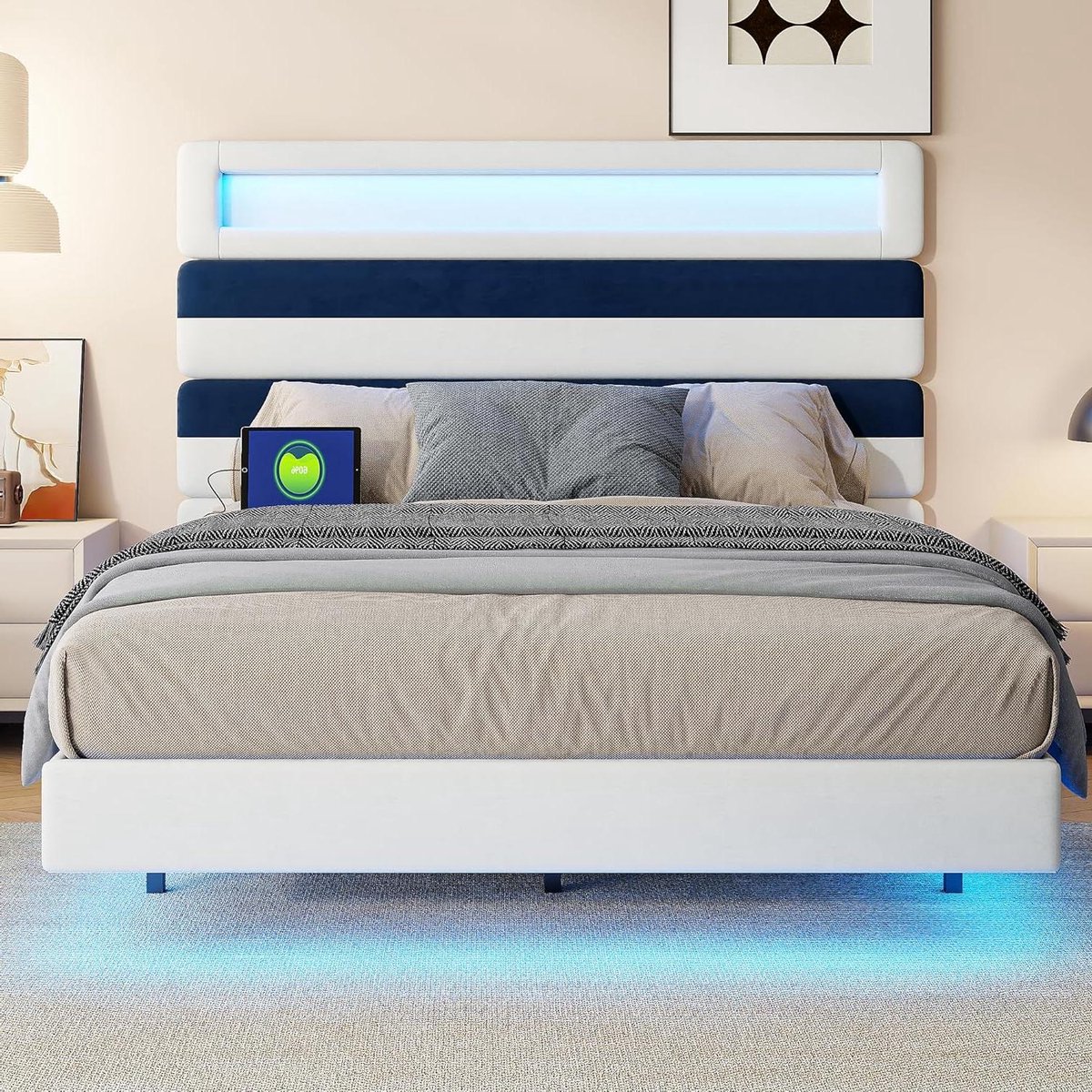Tweepersoonsbed - Zweefbedframe - Moderne Slaapkamer - LED Verlichting - 140x190 cm - Strepenpatroon