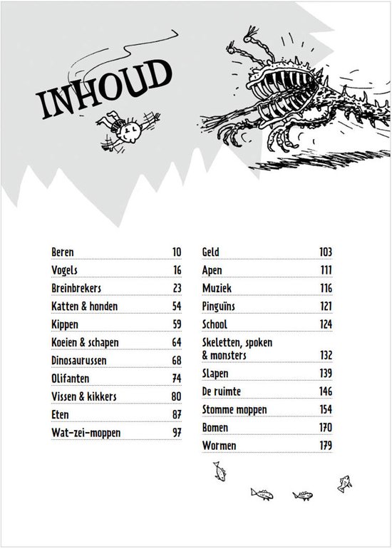 Titelpagina 'Inhoud' van het moppenboek met een monsterlijke tekening en een lijst met onderwerpen en paginanummers.