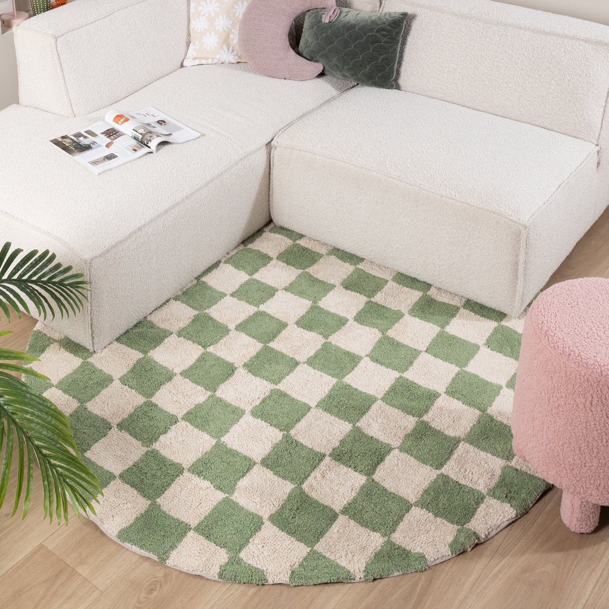 Fraai Rond retro vloerkleed - Gambit Groen/Wit - Ø 200cm