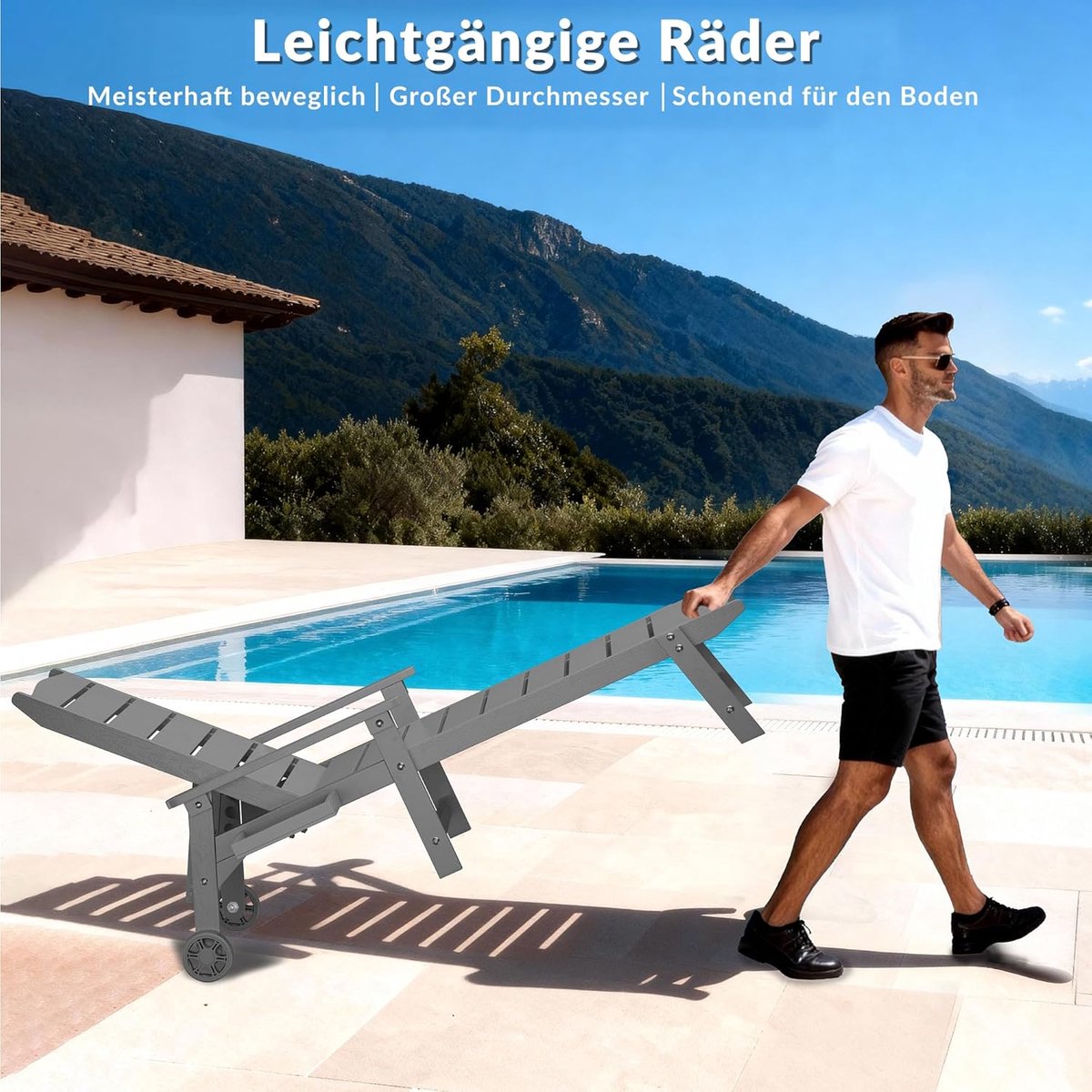 Ligstoel met wielen 194x62x95 cm – Verstelbare 5-standen rugleuning, inklapbaar zijtafeltje, weerbestendig HIPS materiaal, luxe ligbed voor tuin, zwembad, terras en strand – Donkergrijs (2 stuks) – Nicolehome