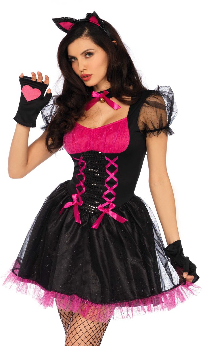 Pretty Kitty Dress Volwassenen Vrouwen Zwart / Roze Sexy Maat L