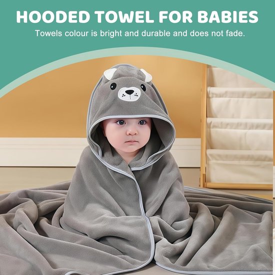 3 Pieces Baby Hair Towels 80x80cm, Soft Towels for Toddlers and Newborns, Bath Towel Baby in Cyan, Dark Grey and Coffee — afbeelding 2