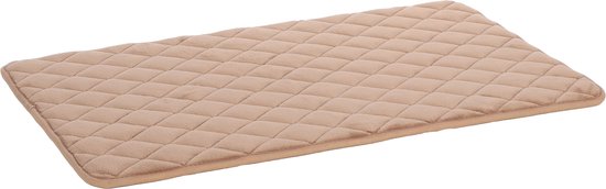 Beige, gewatteerd hondenkussen met ruitpatroon en bruine bies.