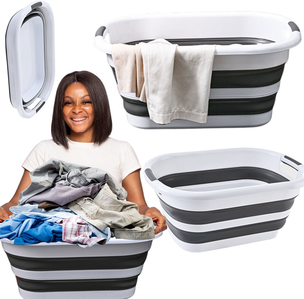 Mona - Opvouwbare Wasmand - 40L - Anti-slip Handvatten - Biało-szary